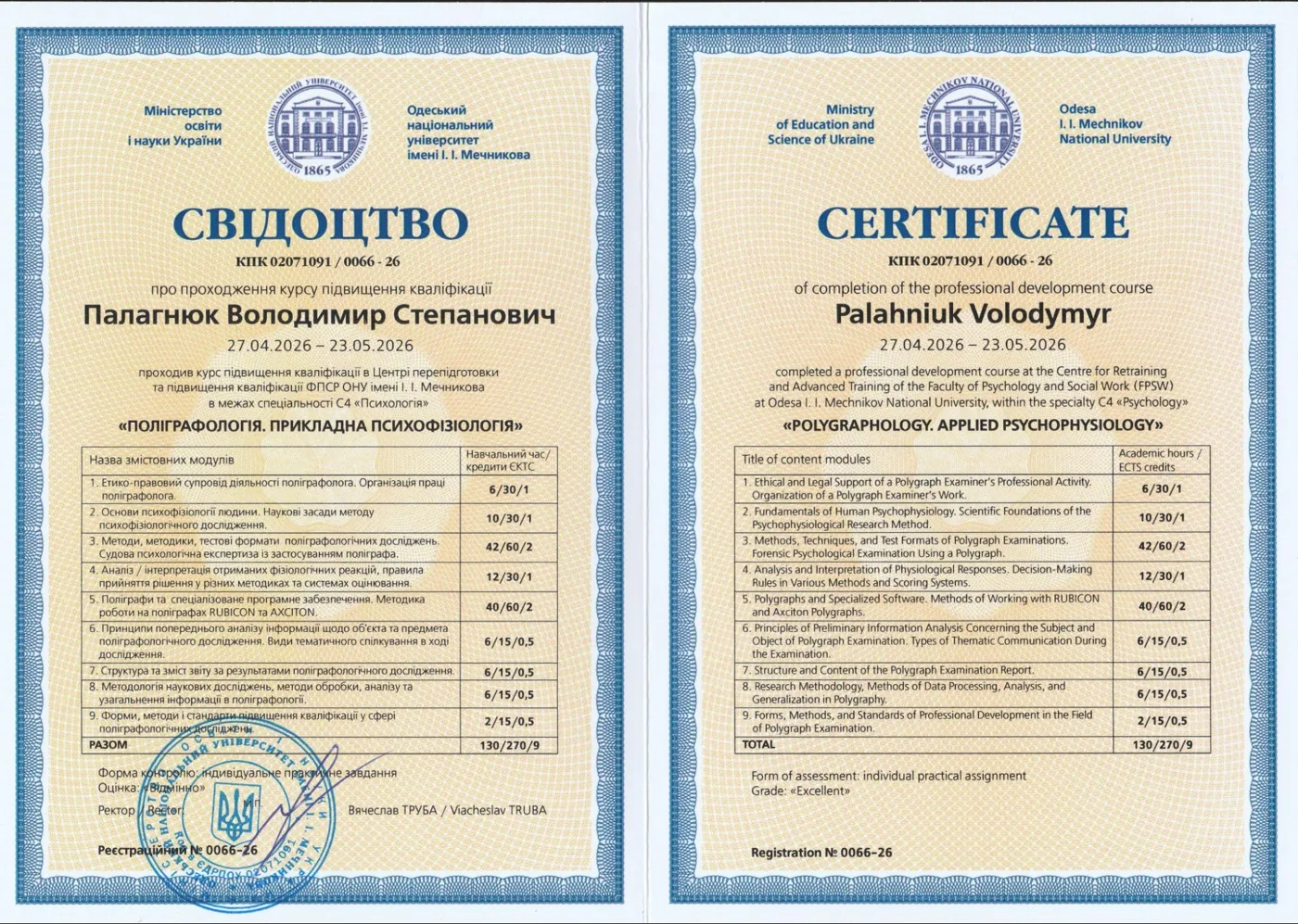 Свідоцтво ОНУ ім. Мечникова: «Поліграфологія. Прикладна психофізіологія», 2026
